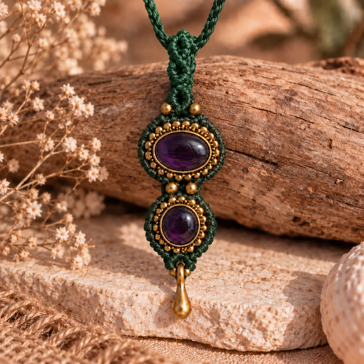 Amethyst Glow Macrame 2 stone Necklace